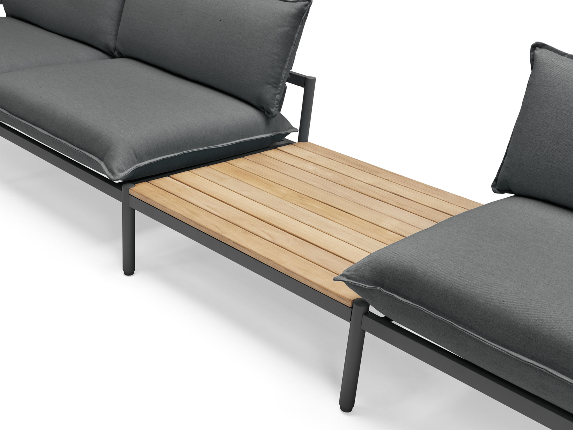Front angle view of wood and black large outdoor end table